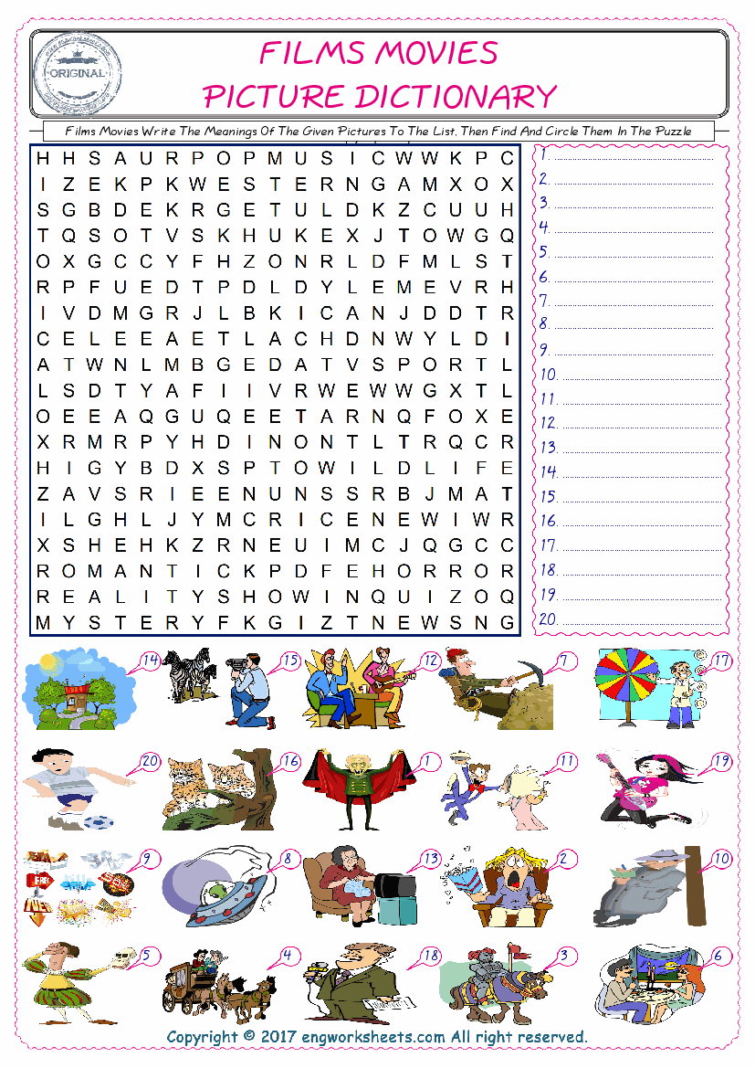  For kids, check the picture of Films Movies find, and write the word and find it in the word puzzle ESL printable worksheet. 